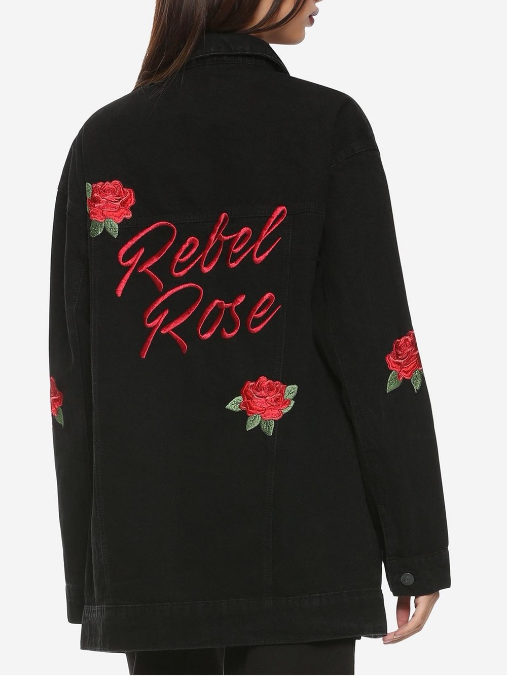 Hot Topic Black Denim Jacket with Red Rose Embroidery